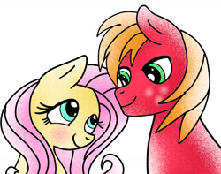 Size: 1280x1007 | Tagged: safe, artist:mrsdashskies, imported from derpibooru, big macintosh, fluttershy, earth pony, pegasus, pony, blushing, female, fluttermac, looking at each other, looking at someone, male, mare, shipping, stallion, straight