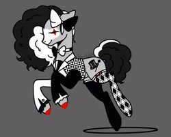 Size: 3518x2834 | Tagged: safe, artist:starfynch, imported from derpibooru, oc, oc only, oc:ringmaster, earth pony, pony, bow, bowtie, clothes, clown, eyes closed, face paint, female, gray background, hair bow, mare, mismatched socks, ringmaster, shirt, simple background, socks, solo, stockings, thigh highs, unshorn fetlocks