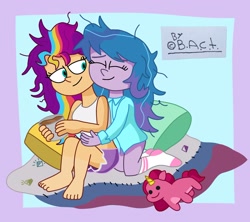 Size: 2048x1821 | Tagged: safe, artist:garybaldor, imported from derpibooru, izzy moonbow, sunny starscout, human, equestria girls, barefoot, clothes, dishevelled, equestria girls-ified, eyes closed, feet, g5, g5 to equestria girls, g5 to g4, generation leap, hug, pajamas, waking up