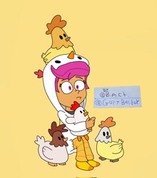 Size: 1801x2048 | Tagged: safe, artist:garybaldor, imported from derpibooru, scootaloo, bird, chicken, human, equestria girls, animal costume, chicken suit, clothes, costume, female, meme, plushie, scootachicken, simple background, sitting, yellow background