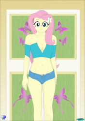 Size: 1328x1884 | Tagged: safe, artist:fab3716, imported from derpibooru, fluttershy, human, equestria girls, absolute cleavage, bare midriff, belly, belly button, breasts, cleavage, clothes, collarbone, female, jean panties, legs, off shoulder, shorts, small head, solo