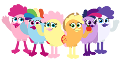 Size: 2020x1000 | Tagged: safe, artist:oliviafanxd, imported from derpibooru, applejack, fluttershy, pinkie pie, rainbow dash, rarity, twilight sparkle, bird, angry birds, birdified, mane six, simple background, species swap, transparent background