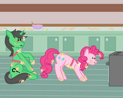 Size: 2000x1600 | Tagged: safe, artist:deej, imported from derpibooru, pinkie pie, oc, oc:anon, oc:anon stallion, earth pony, unicorn, apron, baking, batter, blush lines, blushing, bowl, clothes, dough, duo, female, food, horn, indoors, kitchen, male, mare, oven, stallion, sugarcube corner, wiggle