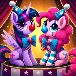 Size: 1024x1024 | Tagged: safe, imported from derpibooru, pinkie pie, twilight sparkle, alicorn, earth pony, ai content, ai generated, alternate cutie mark, bowtie, clown, clown nose, duo, female, generator:bing image creator, generator:dall-e 3, hat, horn, mare, prompter:heydude5321, red nose, twilight sparkle (alicorn), wings