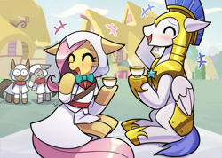 Size: 1688x1200 | Tagged: safe, artist:howxu, imported from derpibooru, fluttershy, pegasus, armor, assassin's creed, cup, female, male, mare, royal guard, stallion, teacup