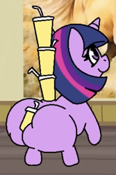 Size: 682x1018 | Tagged: safe, artist:tamers12345, imported from derpibooru, twilight sparkle, pony, unicorn, butt, butt hold, cup, drinking straw, horn, juice, lemonade, my little pony: starsong and toola roola come to visit