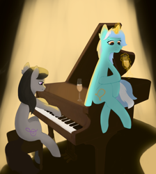 Size: 2480x2772 | Tagged: safe, artist:canary9, imported from derpibooru, lyra heartstrings, octavia melody, earth pony, pony, unicorn, champagne glass, duo, female, glowing, glowing horn, high res, horn, magic, mare, musical instrument, piano, playing, sitting, spotlight, telekinesis