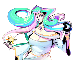 Size: 5000x4000 | Tagged: safe, artist:2hotskulls, imported from derpibooru, princess celestia, human, absurd resolution, blank eyes, breasts, busty princess celestia, cleavage, clothes, dress, female, hades (game), humanized, moon, simple background, solo, sun, transparent background