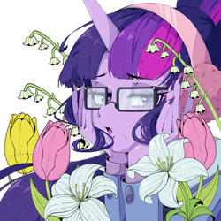 Size: 1400x1400 | Tagged: safe, artist:破坏海胆boom, imported from derpibooru, twilight sparkle, unicorn, flower, glasses, horn