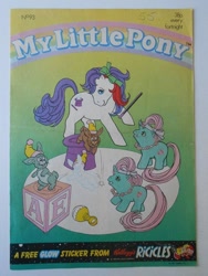 Size: 720x960 | Tagged: safe, imported from derpibooru, magic hat, earth pony, pony, rabbit, unicorn, alphabet blocks, animal, comic cover, cover, cover art, female, filly, foal, g1, hat, horn, jabber, jebber, jewelry, magic wand, mare, my little pony vol. 1, my little pony vol. 1 #93, necklace, official comic, photo, raised hoof, rattle, tail, top hat