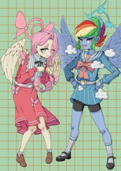 Size: 1457x2064 | Tagged: safe, artist:破坏海胆boom, imported from derpibooru, fluttershy, rainbow dash, human, pegasus, blue archive, halo, humanized, wings