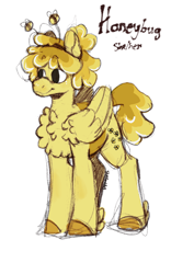 Size: 790x1268 | Tagged: safe, artist:shyhandart, imported from derpibooru, oc, oc only, oc:honey bug, pegasus, pony, adopted offspring, antennae, chest fluff, colored sketch, female, filly, foal, name, offspring, parent:big macintosh, parent:fluttershy, parents:fluttermac, simple background, sketch, smiling, solo, white background