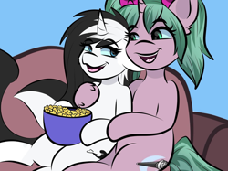 Size: 2048x1535 | Tagged: safe, artist:doodlesdoodles8, imported from derpibooru, oc, oc:magicalmysticva, oc:shouka, commission, couch, couple, duo, duo female, female, females only, food, hug, lesbian, multicolored hair, pigtails, pink coat, popcorn, teal mane, twintails, white coat, ych result