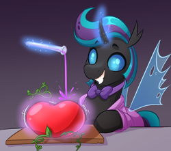 Size: 2232x1976 | Tagged: safe, artist:witchtaunter, imported from derpibooru, oc, changeling, pony, bowtie, changeling oc, clothes, commission, food, magic, male, simple background, tomato, wings