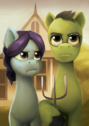 Size: 2480x3508 | Tagged: safe, imported from derpibooru, pony, american gothic, concept art, duo, duo male and female, female, fine art parody, g5, male, mare, my little pony: tell your tale, official, stallion, the unboxing of izzy