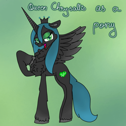 Size: 640x640 | Tagged: safe, artist:saturaed_acidity, imported from derpibooru, queen chrysalis, alicorn, pony, chest fluff, crown, ear fluff, eyeshadow, female, floppy ears, hoof fluff, hoof on chest, jewelry, lidded eyes, makeup, mare, neck fluff, open mouth, ponified, pony chrysalis, regalia, solo, species swap, spread wings, wings