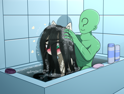 Size: 3848x2920 | Tagged: safe, artist:dibujito, edit, imported from derpibooru, oc, oc:anon, oc:floor bored, bags under eyes, bath, bathing together, bathroom, bathtub, blushing, chest fluff, conditioner, cute, glasses, neet, shampoo, soap, water