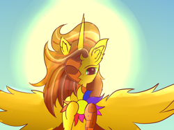 Size: 10000x7500 | Tagged: safe, artist:derpyshy, imported from derpibooru, oc, oc:phoenix, alicorn, pony, green eye, horn, looking at you, mask, spread wings, sun, wings, yellow coat