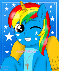 Size: 1715x2048 | Tagged: safe, artist:amitokito, imported from derpibooru, oc, oc:shield wing, alicorn, alicorn oc, cross, cross necklace, horn, jewelry, male, necklace, smiling, solo, stars, wings