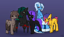 Size: 3452x2000 | Tagged: safe, artist:tatzlcatto, imported from derpibooru, oc, oc only, oc:cydelcia ádlíeg, oc:line art, oc:nightmare storm, oc:triksa, oc:wax feather, changeling, earth pony, lamia, monster pony, original species, pegasus, snake, spiderpony, unicorn, earth pony oc, horn, looking at you, pegasus oc, simple background, this will end in death, unicorn oc, wings