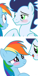 Size: 1338x2702 | Tagged: source needed, safe, artist:paracetamolnavo30, imported from derpibooru, rainbow dash, soarin', pegasus, pony, blushing, comic, female, looking at each other, looking at someone, male, mare, shipping, smiling, smiling at each other, soarindash, stallion, straight