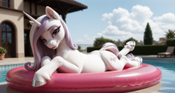 Size: 3360x1792 | Tagged: safe, imported from derpibooru, fleur-de-lis, pony, unicorn, ai content, ai generated, anonymous prompter, chest fluff, cloud, depth of field, detailed hair, dock, ear fluff, female, floaty, fluffy, generator:pony realism 2.1, head tilt, high res, horn, house, looking at you, lying down, mare, outdoors, photorealistic, pool toy, prompt in metadata, prone, realistic, smiling, smiling at you, solo, sploot, swimming pool, tail, tree, underhoof, water