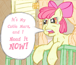 Size: 922x800 | Tagged: safe, artist:pun-pun, imported from derpibooru, apple bloom, earth pony, pony, 2012, apple bloom's bow, bow, dialogue, female, filly, foal, hair bow, j.g. wentworth, open mouth, solo, speech bubble