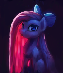 Size: 4290x5000 | Tagged: safe, artist:terrafomer, imported from derpibooru, pinkie pie, earth pony, pony, absurd resolution, bow, bust, chiaroscuro, dark background, hair bow, pinkamena diane pie, portrait, solo, straight mane, tongue out