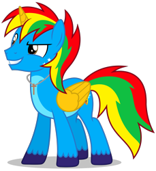 Size: 4416x4831 | Tagged: safe, artist:creedyboy124, imported from derpibooru, oc, oc only, oc:shield wing, alicorn, pony, alicorn oc, happy, horn, male, simple background, stallion, wings