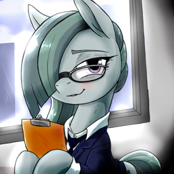 Size: 1024x1024 | Tagged: safe, artist:a.s.e, imported from derpibooru, marble pie, pony, city, clothes, cute, female, glasses, looking at someone, marblebetes, mare, secretary, smiling, solo, solo female