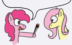 Size: 1334x833 | Tagged: safe, artist:zoeyhorse, imported from derpibooru, fluttershy, pinkie pie, earth pony, pegasus, pony, ask, blunt, description is relevant, drugs, duo, duo female, female, mare, marijuana, simple background, speech bubble, white background