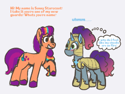 Size: 1533x1151 | Tagged: safe, artist:zoeyhorse, imported from derpibooru, sunny starscout, earth pony, pony, unicorn, fanfic:the princess' new bodyguard, armor, blushing, dialogue, duo, duo female, fanart, fanfic art, female, g5, gray background, guard armor, helmet, horn, lesbian, looking at each other, looking at someone, mane stripe sunny, mare, misty brightdawn, open mouth, open smile, raised hoof, rebirth misty, royal guard, shipping, simple background, smiling, story in the source, sunnydawn, thought bubble, white background