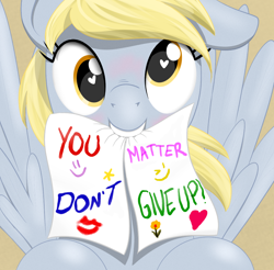 Size: 984x968 | Tagged: safe, artist:eels, edit, imported from derpibooru, derpy hooves, pegasus, pony, bust, cute, derpabetes, don't dead open inside, female, heart, heart eyes, looking at you, mare, meme, mouth hold, paper, positive message, positive ponies, smiling, smiling at you, solo, wingding eyes