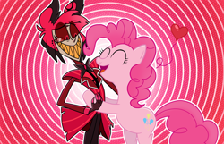 Size: 1648x1060 | Tagged: safe, artist:wisemalejandro, imported from derpibooru, pinkie pie, alastor, crossover, female, hazbin hotel, hellaverse, male, pink background, ring background, simple background