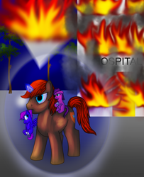 Size: 1036x1273 | Tagged: safe, artist:commypink, imported from derpibooru, oc, oc:psyc lulamoon, unnamed oc, earth pony, pegasus, pony, unicorn, bandage, bandaged leg, commission, earth pony oc, female, filly, fire, floppy ears, foal, glowing, glowing horn, hero, horn, hospital, magic, magic aura, male, mouth hold, outdoors, pegasus oc, riding, riding a pony, scruff, smiling, spread wings, stallion, tail, unicorn oc, wings