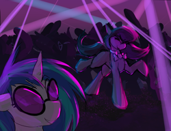 Size: 2400x1841 | Tagged: safe, artist:candel, imported from derpibooru, dj pon-3, octavia melody, vinyl scratch, earth pony, pony, unicorn, bowtie, club, crowd, dancing, female, horn, mare, nightclub, sunglasses