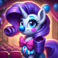 Size: 1024x1024 | Tagged: safe, imported from derpibooru, rarity, unicorn, ai content, ai generated, balloon, bowtie, clothes, clown, female, generator:bing image creator, generator:dall-e 3, horn, mare, prompter:heydude5321, solo