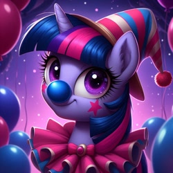 Size: 1024x1024 | Tagged: safe, imported from derpibooru, twilight sparkle, unicorn, ai content, ai generated, balloon, clown, female, generator:bing image creator, generator:dall-e 3, hat, horn, mare, prompter:heydude5321, solo