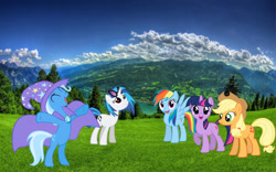 Size: 1024x640 | Tagged: safe, artist:vinyls1250, imported from derpibooru, applejack, dj pon-3, rainbow dash, trixie, twilight sparkle, vinyl scratch, pony, irl, photo, ponies in real life