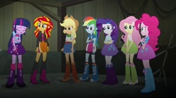 Size: 1280x714 | Tagged: safe, imported from derpibooru, screencap, applejack, fluttershy, pinkie pie, rainbow dash, rarity, sunset shimmer, twilight sparkle, human, equestria girls, belt, boots, clothes, cowboy boots, cowboy hat, hat, high heel boots, jacket, my little pony equestria girls: rainbow rocks, polka dot socks, rainbow socks, shirt, shoes, skirt, socks, striped socks, vest