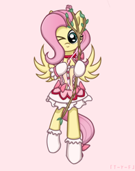 Size: 750x950 | Tagged: safe, artist:taoyvfei, imported from derpibooru, fluttershy, pegasus, pony, bow, bowknot, clothes, cosplay, costume, female, flower, leaf, madoka kaname, magical girl, puella magi madoka magica