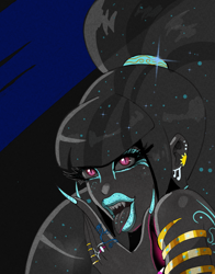 Size: 1945x2479 | Tagged: safe, artist:annon, imported from derpibooru, sonata dusk, human, siren, arm band, bimbo, bimbo sonata, blue eyeshadow, blue lipstick, ear piercing, eyeshadow, fangs, glitter, humanized, jewelry, lipstick, long nails, looking at you, makeup, piercing, scrunchie, slit pupils, solo, tongue out, tongue piercing