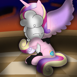 Size: 720x720 | Tagged: safe, artist:cooperthedoodlian, imported from derpibooru, princess cadance, oc, alicorn, pony, series:cooper hugs ponies, bridge, cooper doodlian, cooper doodlian is trying to murder us, cute, doodland, female, hug, hugging a pony, humanoid, male, non-pony oc, sitting, spread wings, sunset, wings