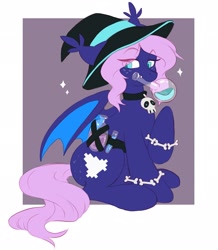 Size: 1782x2048 | Tagged: safe, artist:cheekipone, oc, oc only, bat pony, pony, bat pony oc, bat wings, belt, bone, bracelet, choker, ear tufts, eye clipping through hair, eyebrows visible through hair, fangs, female, floppy ears, freckles, hat, jewelry, mare, mouth hold, passepartout, pink mane, pink tail, potion, purple coat, sitting, skull, solo, sparkles, spread wings, unshorn fetlocks, wings, witch, witch hat