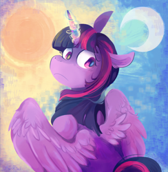 Size: 2072x2120 | Tagged: safe, artist:urbanqhoul, imported from derpibooru, twilight sparkle, alicorn, pony, crescent moon, female, frown, glowing, glowing horn, high res, horn, looking back, magic, magic aura, mare, moon, partially open wings, solo, sun, twilight sparkle (alicorn), wings