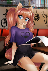 Size: 1754x2605 | Tagged: safe, artist:lifejoyart, oc, oc only, anthro, breasts, clothes, female, shirt, sitting, skirt, solo