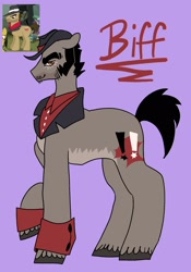 Size: 1431x2048 | Tagged: safe, artist:whimday, imported from derpibooru, biff, earth pony, pony, alternate design, cuffs (clothes), facial hair, hat, henchmen, male, screencap reference, shirtless shirt collar, sideburns, solo, stallion