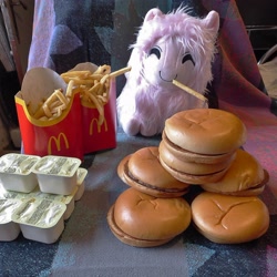 Size: 2991x2993 | Tagged: safe, imported from derpibooru, oc, oc:fluffle puff, burger, date, female, food, french fries, irl, mare, mcdonald's, photo, plushie, restaurant