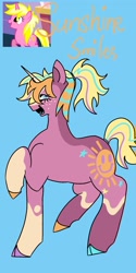 Size: 1026x2048 | Tagged: safe, artist:whimday, imported from derpibooru, sunshine smiles, pony, unicorn, alternate design, cloven hooves, female, freckles, horn, mare, screencap reference, solo