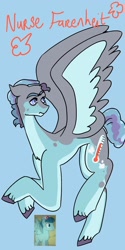 Size: 1026x2048 | Tagged: safe, artist:whimday, imported from derpibooru, doctor high fever, pegasus, pony, alternate design, alternate name, hat, male, nurse hat, solo, spread wings, stallion, unshorn fetlocks, wings